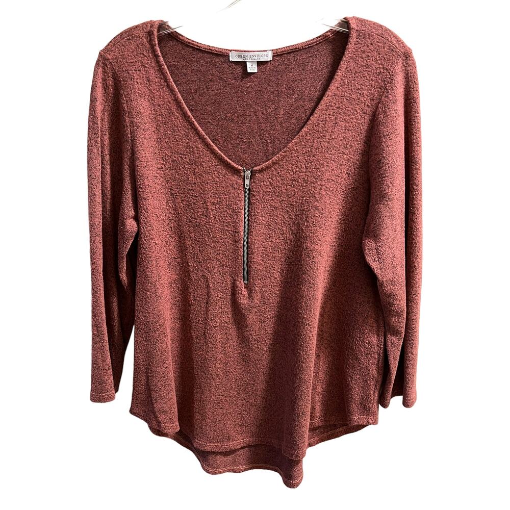 Green Envelope 3/4 Sleeve Half Zip V-Neck Top Sweater Size M Pink Marbled Knit